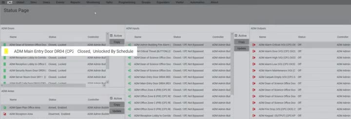 Protege GX status page showing a door unlocked by schedule