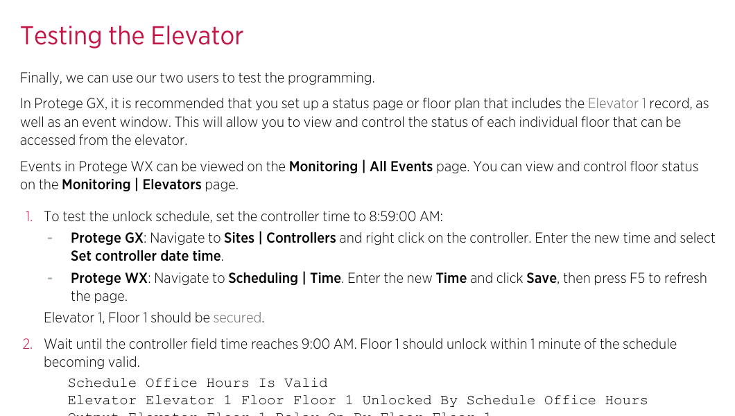 Official ICT application note showing elevator access testing