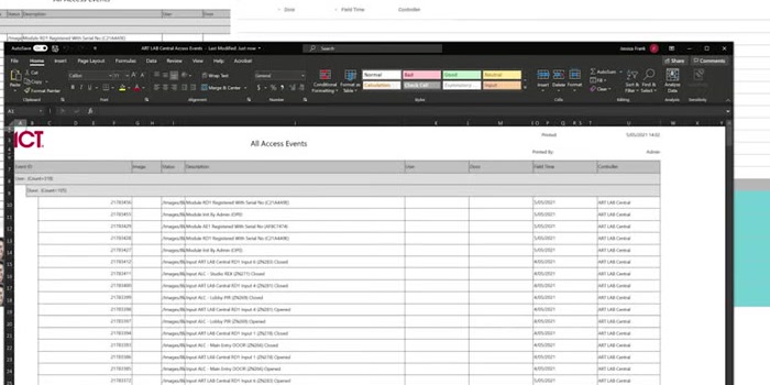 Official ICT demonstration showing Protege GX report export options
